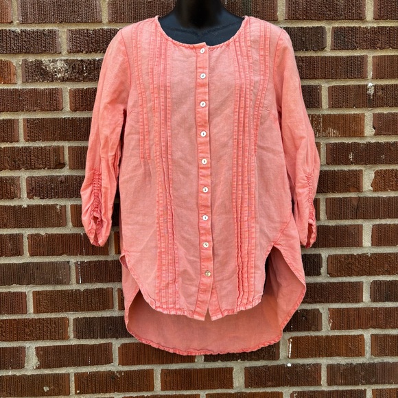 April Cornell Tops - April Cornell Size S Coral Orange Linen Blend 3/4 Sleeve Hi Lo Hem Tunic Blouse